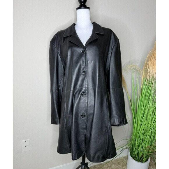 Avenue Y2K Vintage Leather Jacket Black Button Womens 26/28 Longline Collar FLAW - Picture 1 of 13